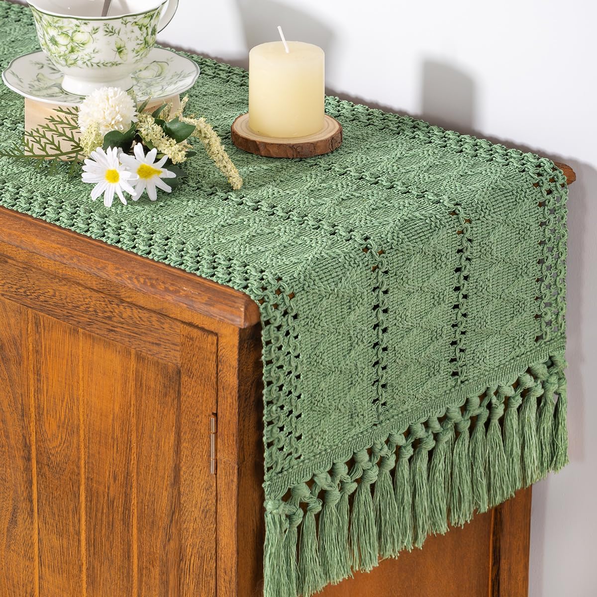 Socomi Sage Green Boho Table Runner - Rustic Macrame Woven Cotton Linen Decor | 12x60 Inch for Dining & Coffee Tables