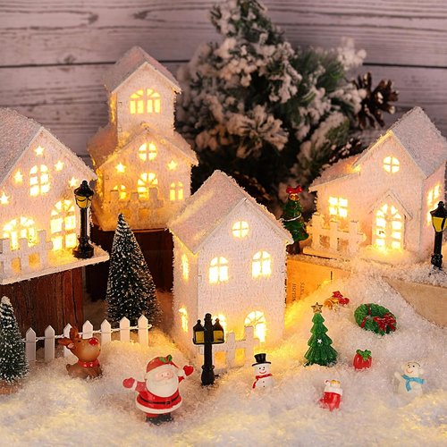 Fovths Christmas Village Set - 35 Lighted LED Houses with Mini Figurines & Fake Snow | Winter Decor