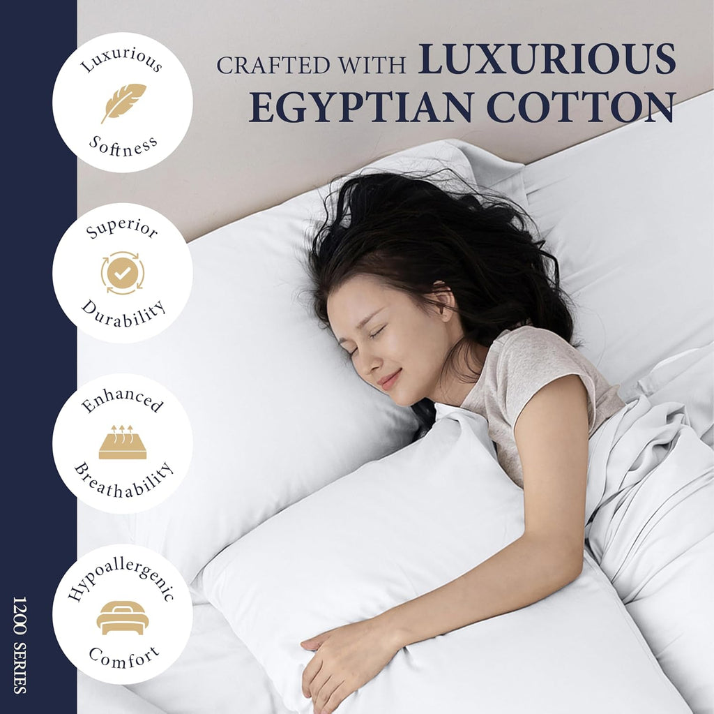 Regine Switzerland 100% Egyptian Cotton King Size Sheets Set - Luxury 1200 Series, Soft Cooling, 17" Deep Pocket, White (4 PC)