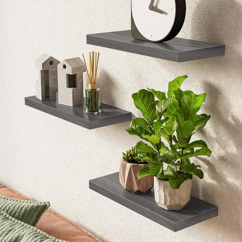 BAYKA Floating Shelves - Rustic Wall-Mounted Wood Shelves for Home Decor | Set of 3, 15.7in, Grey, 22lbs Capacity