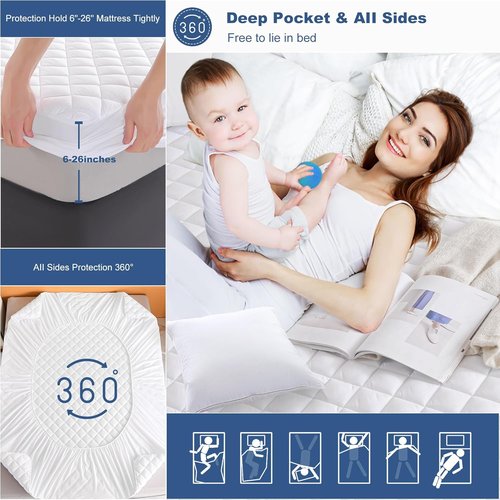 GRT Queen Waterproof Mattress Pad - 100% Quilted Protector | Noiseless Cotton, Fits 8"-26" Deep