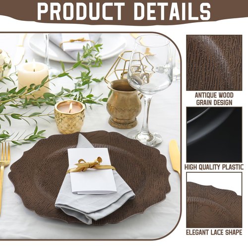 Mifoci 12 Pcs 13" Rustic Brown Wooden Textured Acrylic Chargers Plates with Scalloped Rim Round Faux Wood Chargers for Dinner Plates for Fall Thanksgiving Day Wedding Party Table Decor