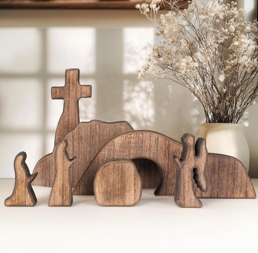 Nerosun Easter Scene Decoration - Wooden Jesus Resurrection Nativity Set | Christian Tabletop Decor
