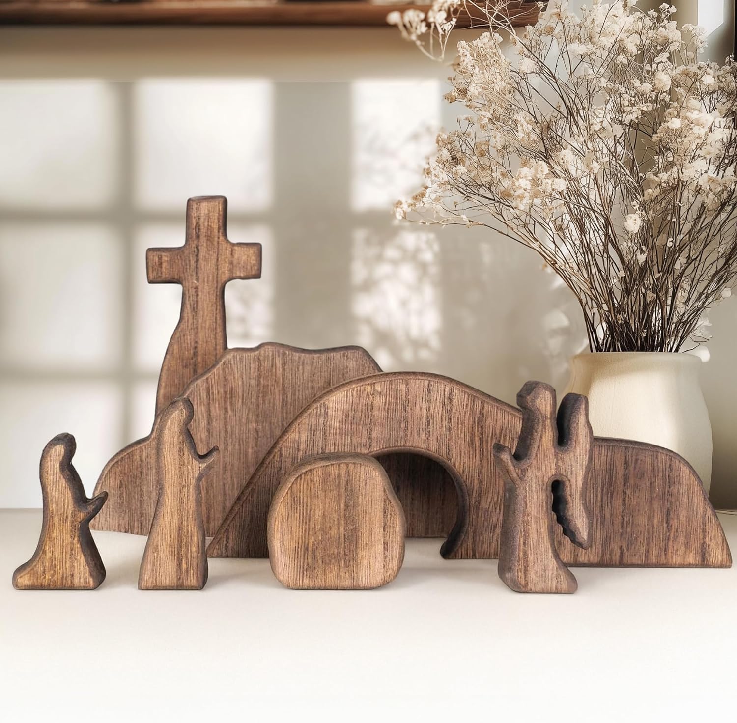 Nerosun Easter Scene Decoration - Wooden Jesus Resurrection Nativity Set | Christian Tabletop Decor