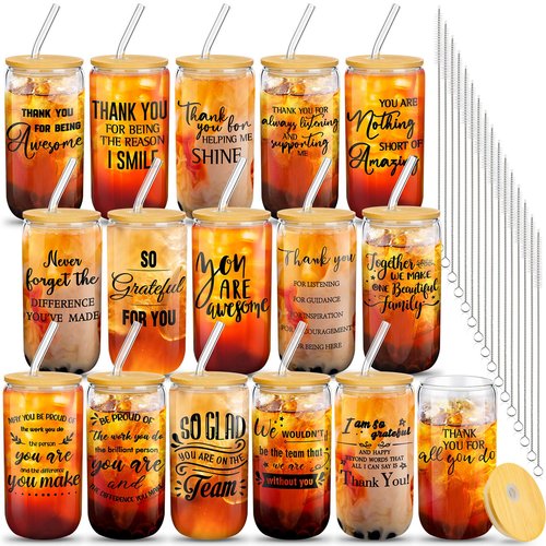 Lemosae 16 Set Teacher Appreciation Gifts Bulk Thank You Team Gift for Coworker Employee Staff Graduation Gift 16 oz Can Shaped Beer Glass Cup with Lid and Straw for Teacher Nurse(Awesome)