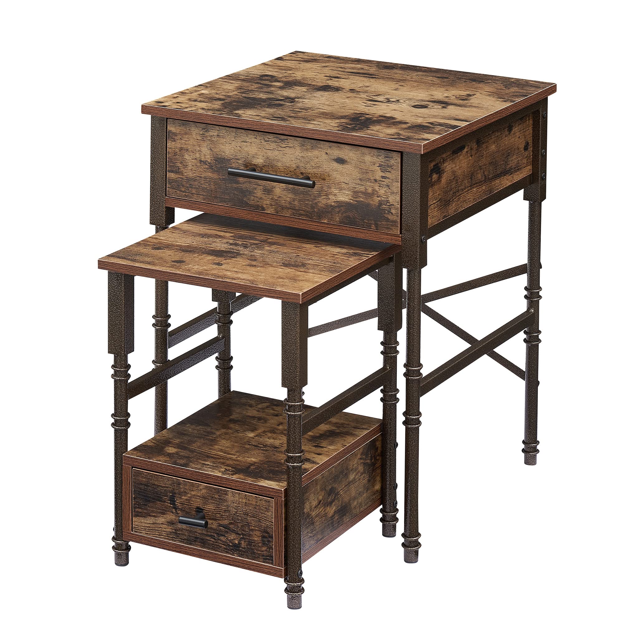 VECELO Vintage Nightstand Set of 2, End/Side Table with Storage Drawer, Stable Frame, BrownG