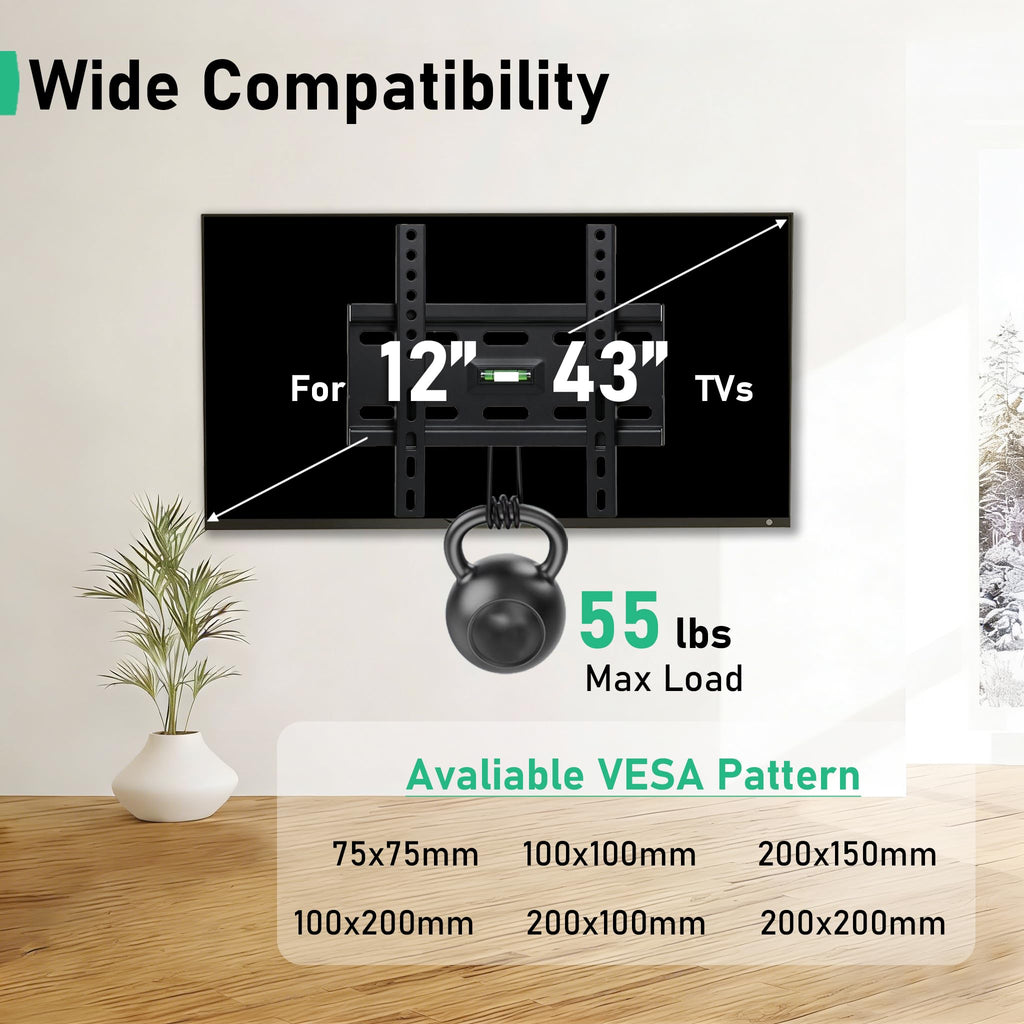Alrhipvm Fixed TV Monitor Wall Mount for 12-43 Inches LED LCD TVs, Low Profile Small TV Mount, Flush Mount Flat Wall Bracket, Max VESA 200x200mm, Max Load 55lbs