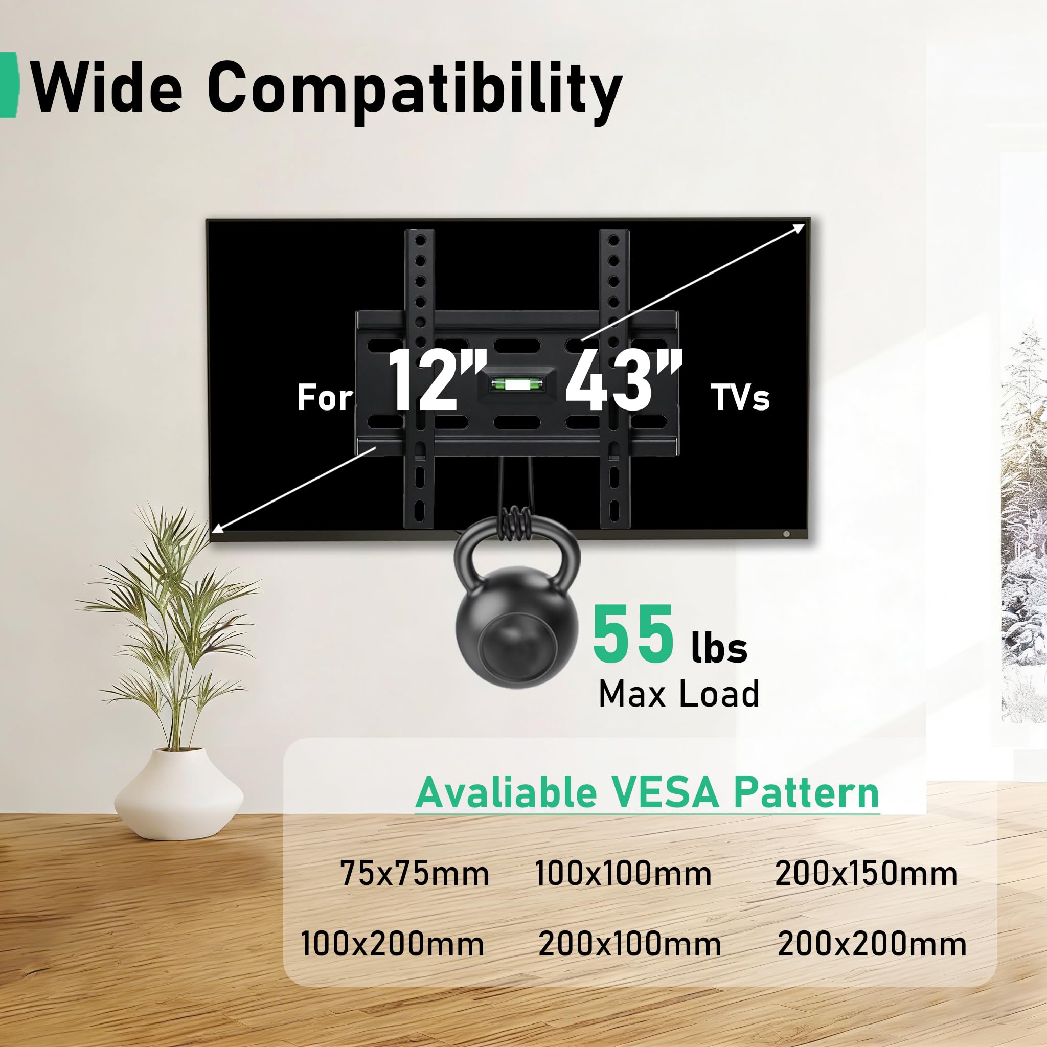 Alrhipvm Fixed TV Monitor Wall Mount for 12-43 Inches LED LCD TVs, Low Profile Small TV Mount, Flush Mount Flat Wall Bracket, Max VESA 200x200mm, Max Load 55lbs