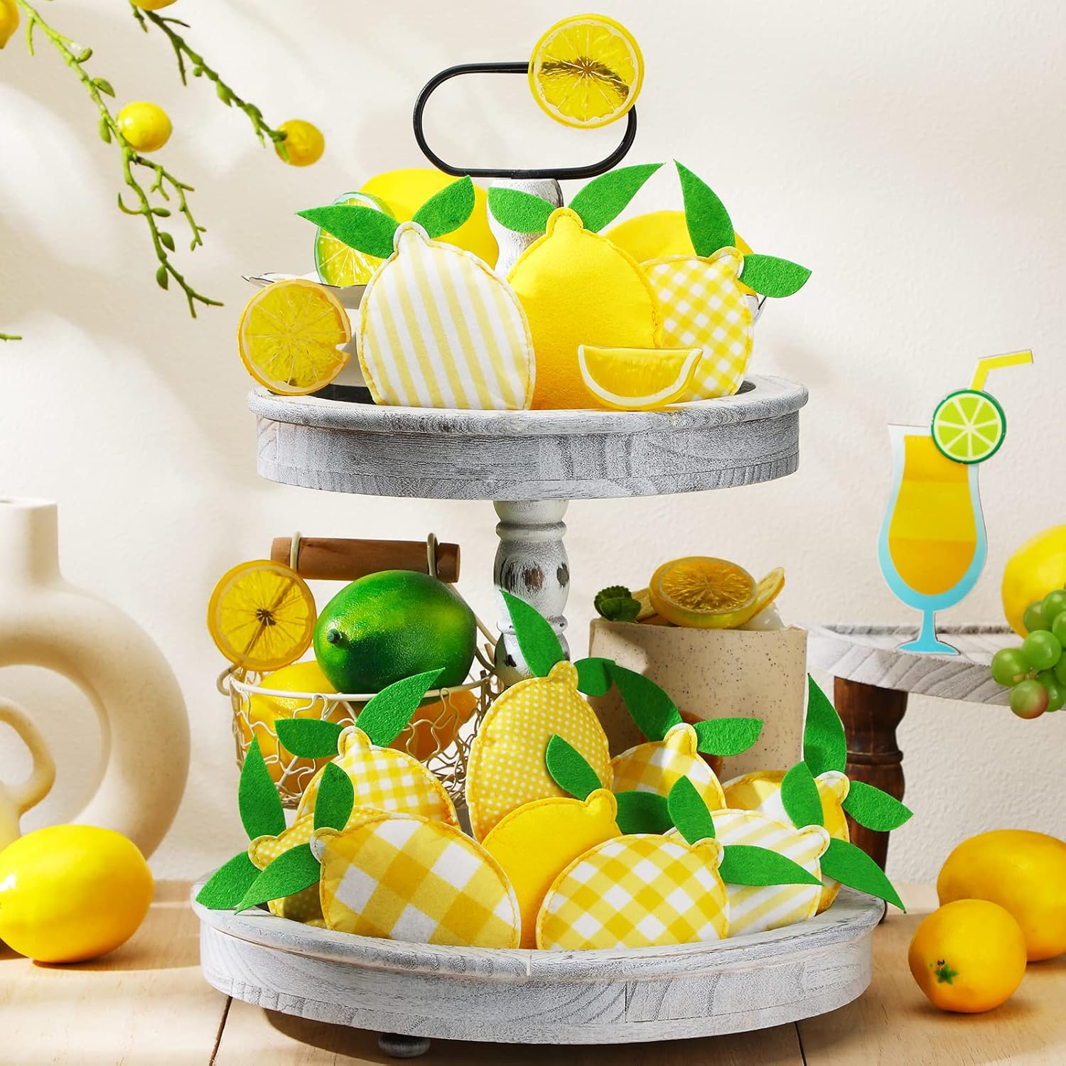 Patelai Lemon Tiered Tray Decor - 12 Pcs Stuffed Fabric Lemon Decorations | 5 Inch Rustic Kitchen Accents