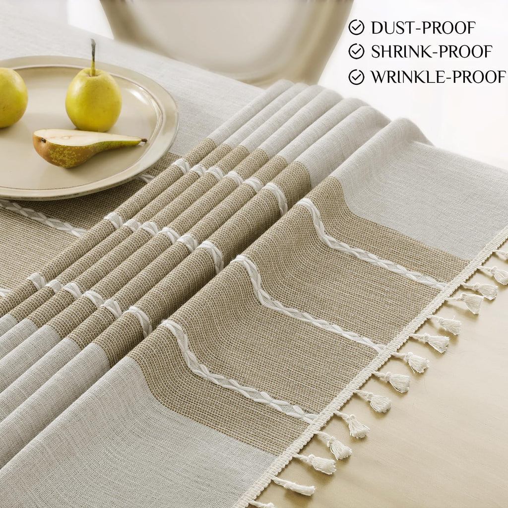 Softalker Outdoor Tablecloth Rectangle, Waterproof Linen Cotton Farmhouse Table Cloths with Tassel, Heavy Weight Wrinkle Free Boho Table Cover for Picnic Camping Dining - 55 x 84 Inch, Coffee Lines
