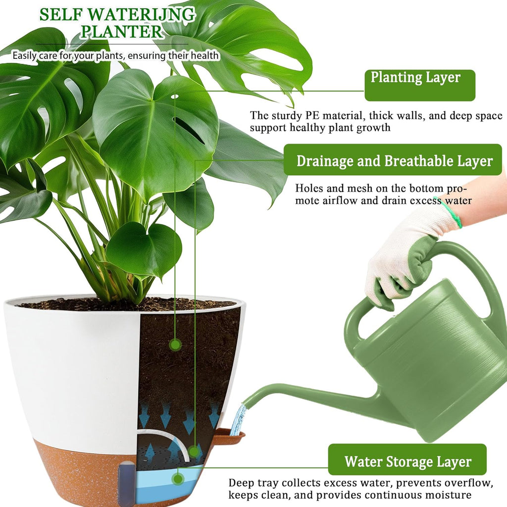 Skiennix Self-Watering Pots - Large 8/10/12 Inch Plastic Planters with Drainage Holes & Water Level Indicator (White)