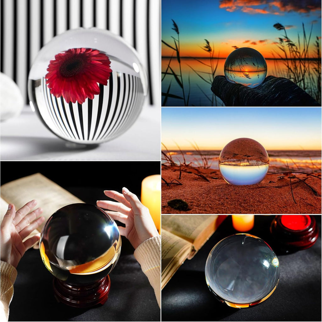 Skiennix 150mm Clear Crystal Ball - Mystical Quartz Sphere with Wooden Stand for Fortune Telling & Photography