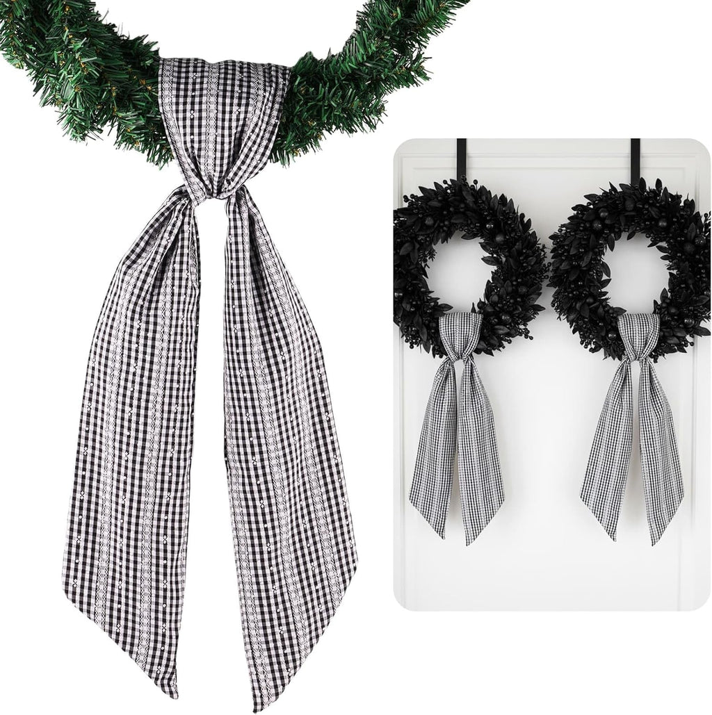 Skiennix 2-Pack Black & White Jacquard Plaid Wreath Sashes - 5.12" x 54.33" for Modern Decor & Events