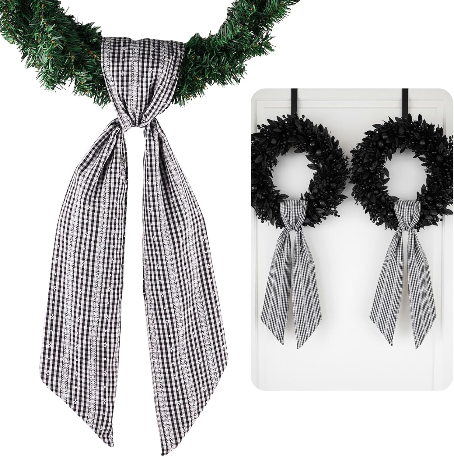 Skiennix 2-Pack Black & White Jacquard Plaid Wreath Sashes - 5.12" x 54.33" for Modern Decor & Events
