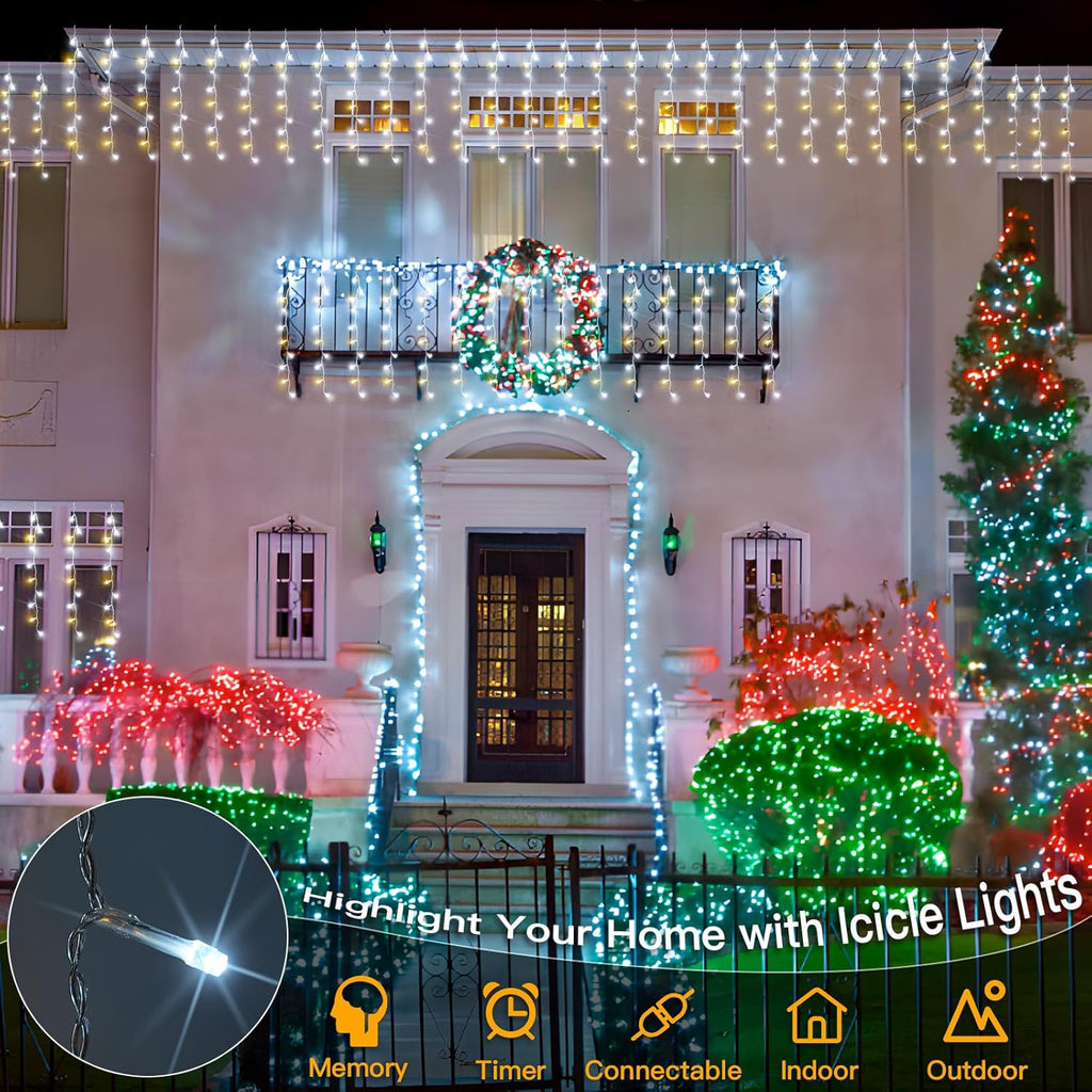 Suddus Christmas Icicle Lights - 240 LED Waterproof Hanging String Lights | 23.6ft for Outdoor Decor