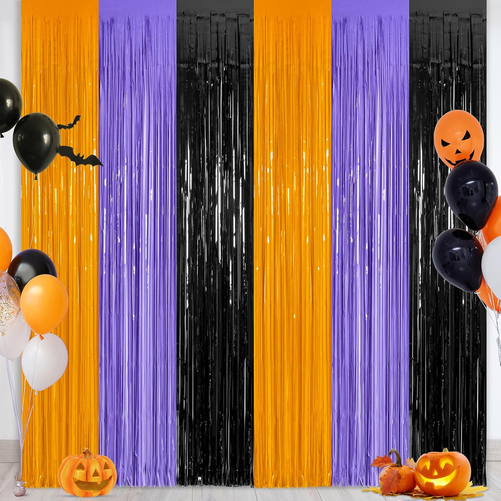 Regine Switzerland 2 Pack Halloween Backdrop - 3.28 FT x 7.05 FT Foil Fringe Curtains | Orange, Purple & Black Party Decor