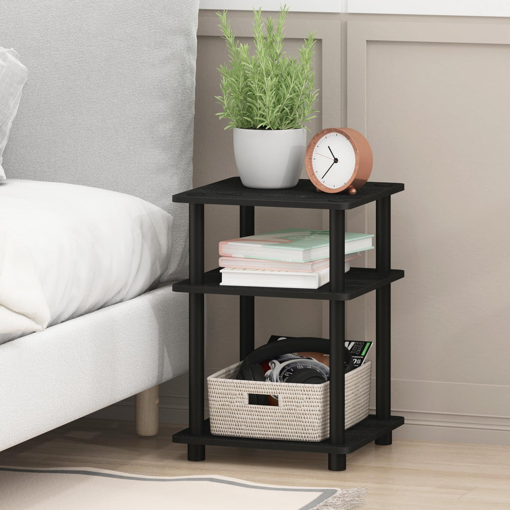 Furinno TURN-N-TUBE Side Table, 3-Tier Square Modern End Table, Open Shelves Nightstand, Night Stand, Bedside Table, Easy Assembly, for Living Room, Bedroom, Blackwood
