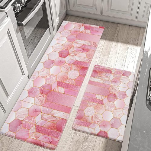 Likiyol Marble Kitchen Rugs Set of 2 Kitchen Mats for Floor Anti Fatigue Mats for Kitchen Floor, Pink Ombre Kitchen Rugs Non Slip Washable Comfort Standing Kitchen Decor Mat, 18'' x 48'' + 18'' x 30''