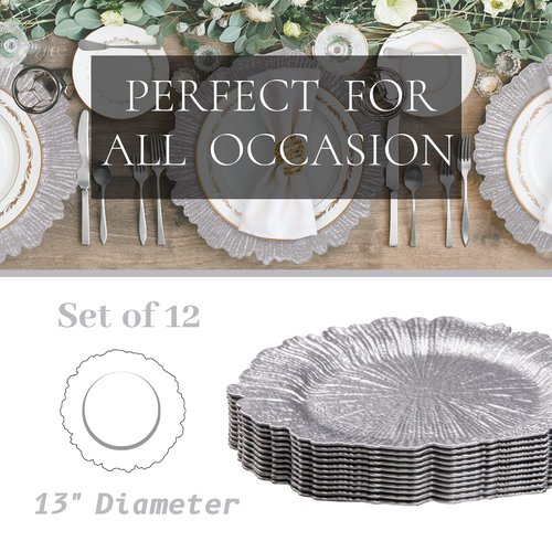 MAONAME Silver Charger Plates Set of 12, Reef Plate Chargers for Dinner Plate, Plastic Decorative Plates for Table Setting, Thanksgiving, Christmas