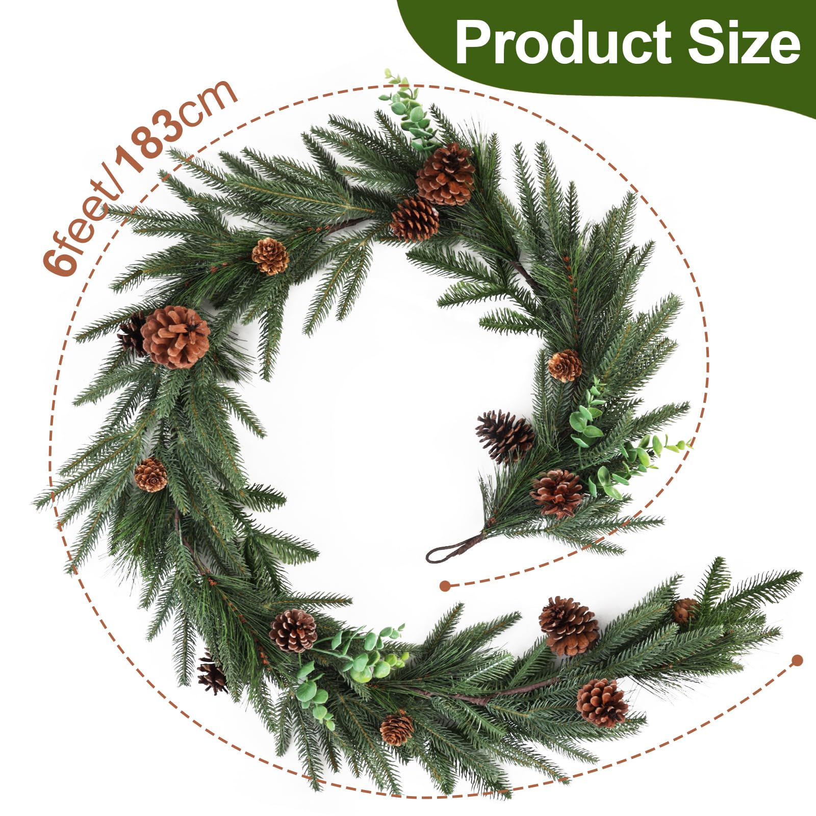 6ft Artificial Christmas Spruce Garland with Pine Cones, Lifelike Winter Greenery Needles Garland Decor for Home, Fireplace, Wall, Porch, Table, Mantle, Indoor Outdoor Decoration