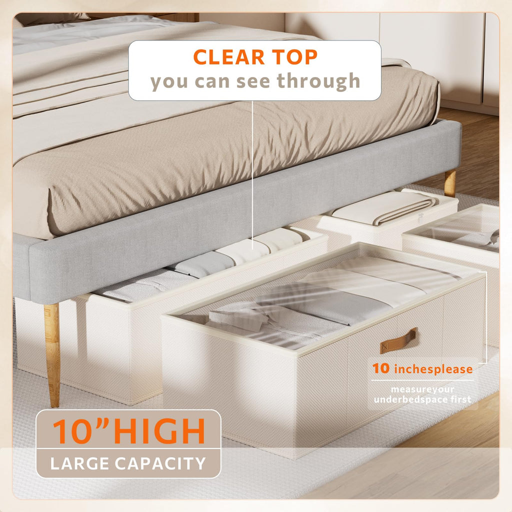 Chizjox 10inch 3 Pack Under Bed Storage Containers, 10 Inch Tall Underbed Clothes Storage Organizer Bin with Clear Window，Foldable Box Basket for Clothes, Closet, Bed Sheets and Blankets White