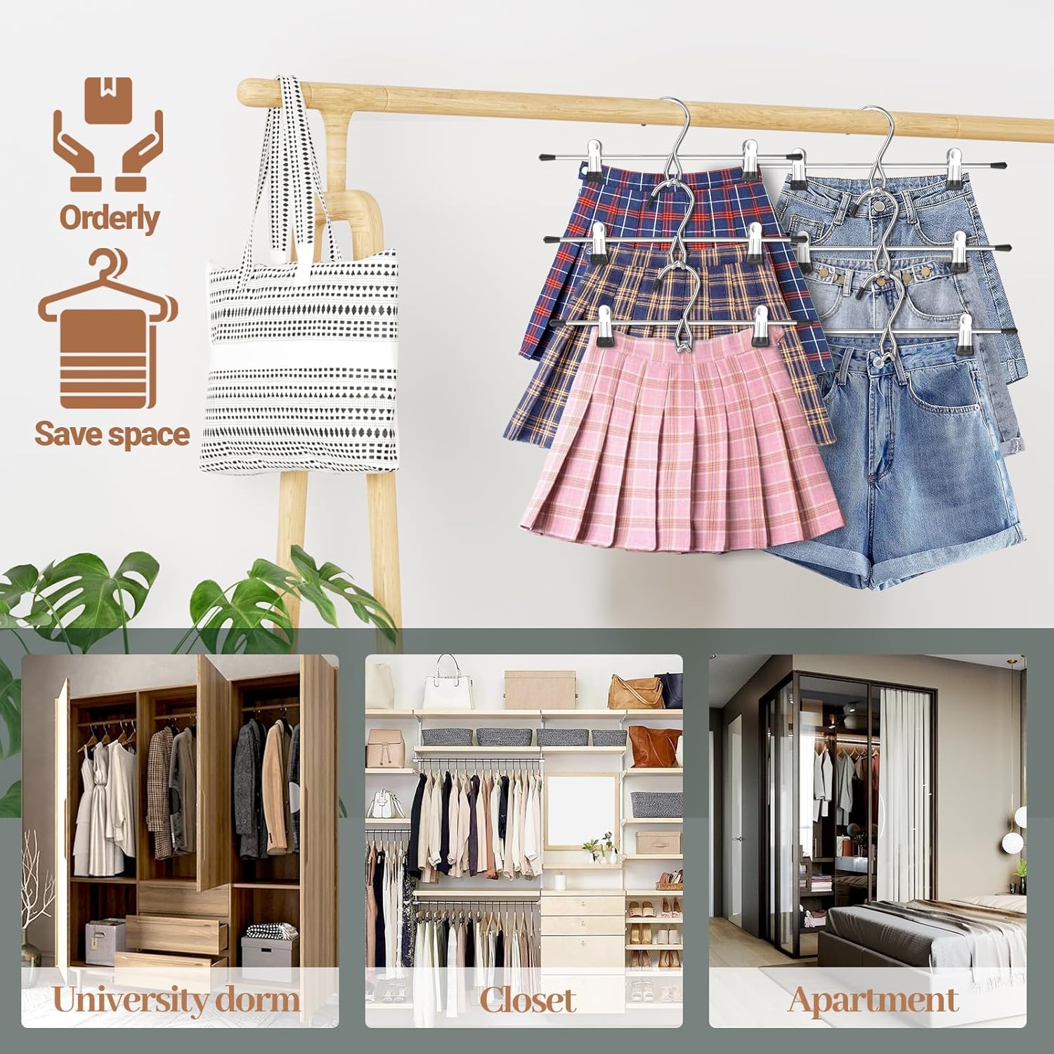 Skiennix Space-Saving Pants Hangers - Stackable Skirt Hangers with Clips | 8-Pack Closet Organizer