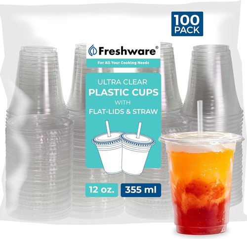 Freshware 12 oz Clear Disposable Plastic Cups - Heavy-Duty Tumblers with Flat Lids & Straws | 100 Pack for Parties