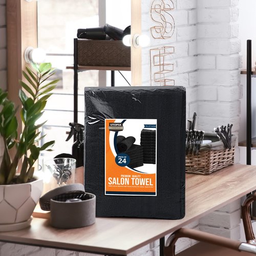 Utopia Towels Cotton Bleach Proof Salon Towel 16 by 27 inches, Bleach Safe Gym 100% Cotton Hand Towel, 24 Pack, Black