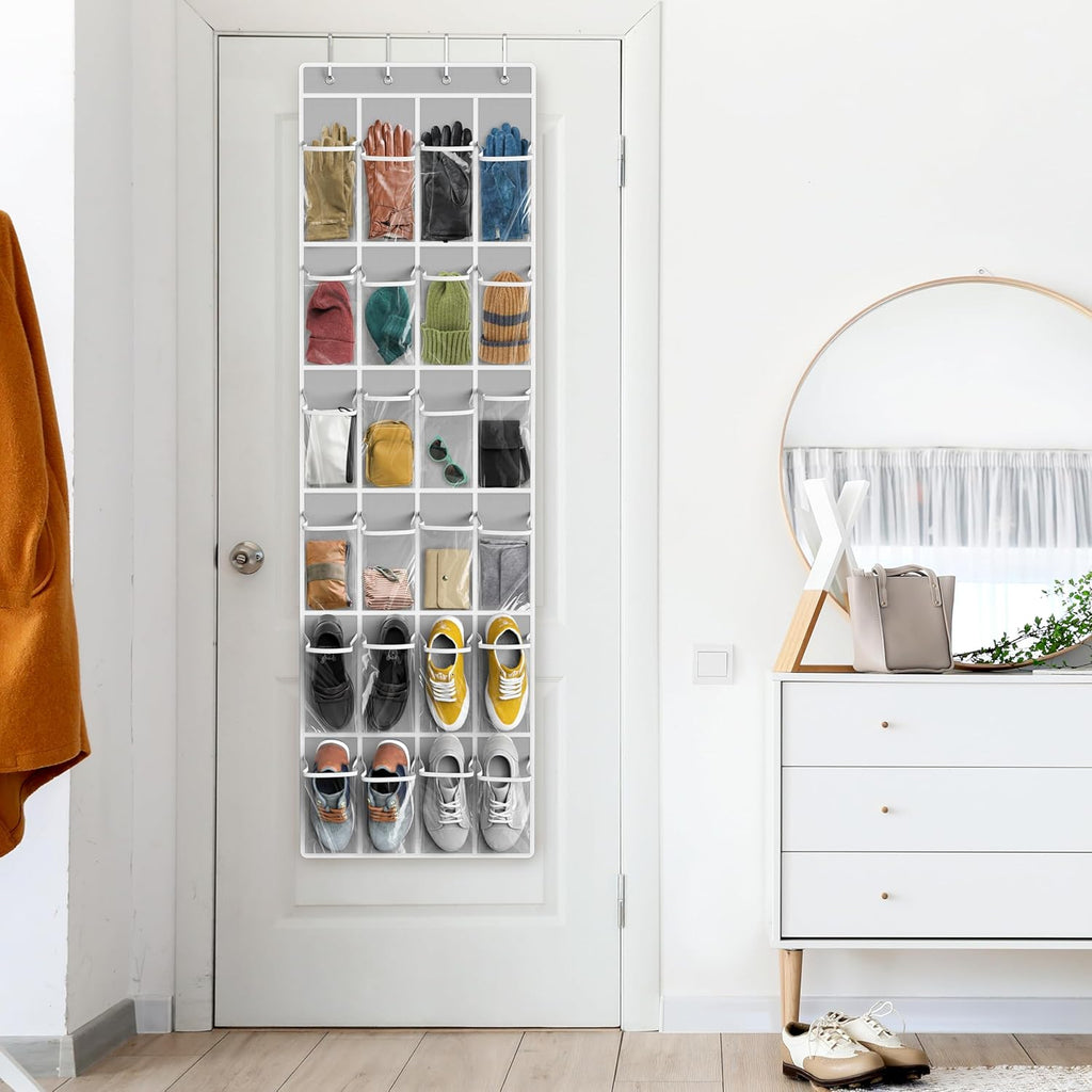 Simple Houseware 24 Pockets - Over The Door Hanging Shoe Organizer | Crystal Clear, Gray (64'' x 19'')
