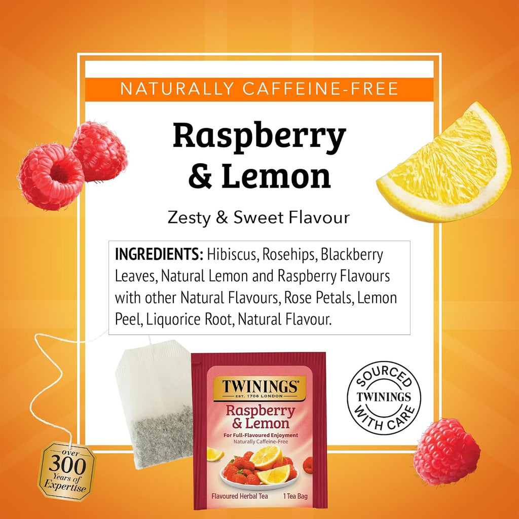 Twinings Raspberry & Lemon Herbal Tea - Refreshing Unsweetened Flavor | 20 Individually Wrapped Bags