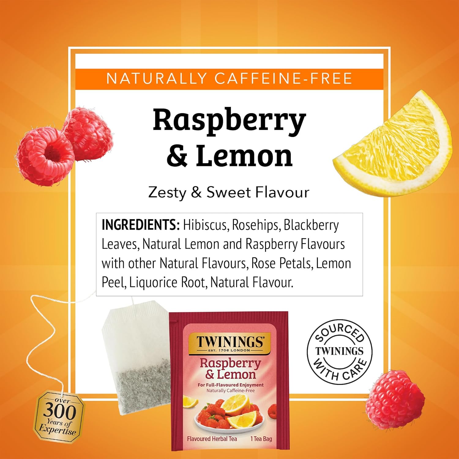 Twinings Raspberry & Lemon Herbal Tea - Refreshing Unsweetened Flavor | 20 Individually Wrapped Bags