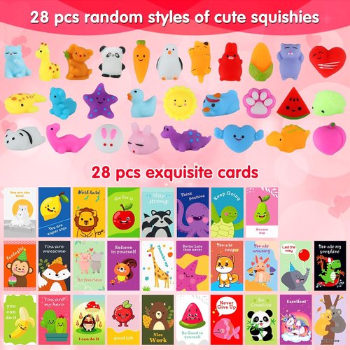 Kawaii Squishy Toys - 28 Pack Mochi Fidget Toys with Cards | Perfect Party Favors & Goodie Bag Stuffers for Kids 4-12