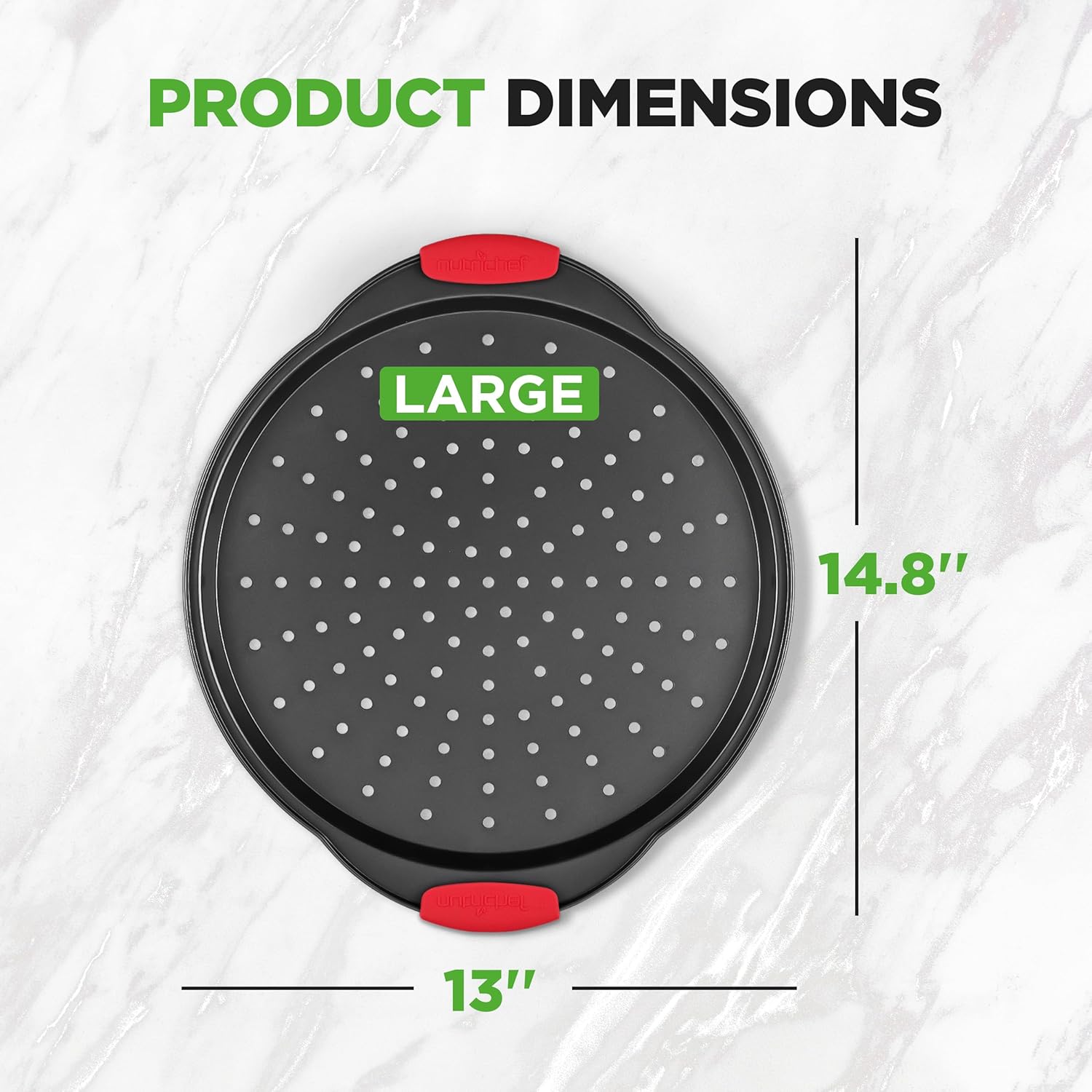 NutriChef 13-Inch Nonstick Pizza Tray | Round Carbon Steel Pan with Perforated Holes & Silicone Grip Handles