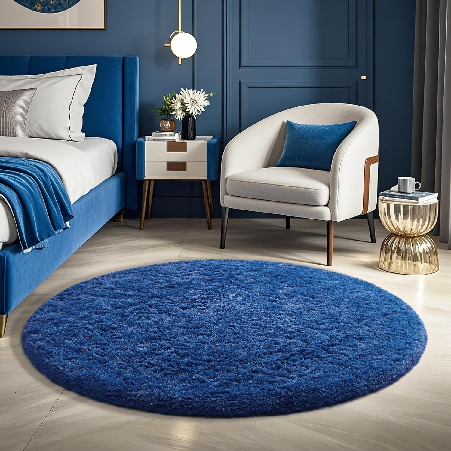 Ophanie Blue Round Rug - 4Ft Plush Circle Area Rug for Boys Room | Soft Shaggy Carpet Decor