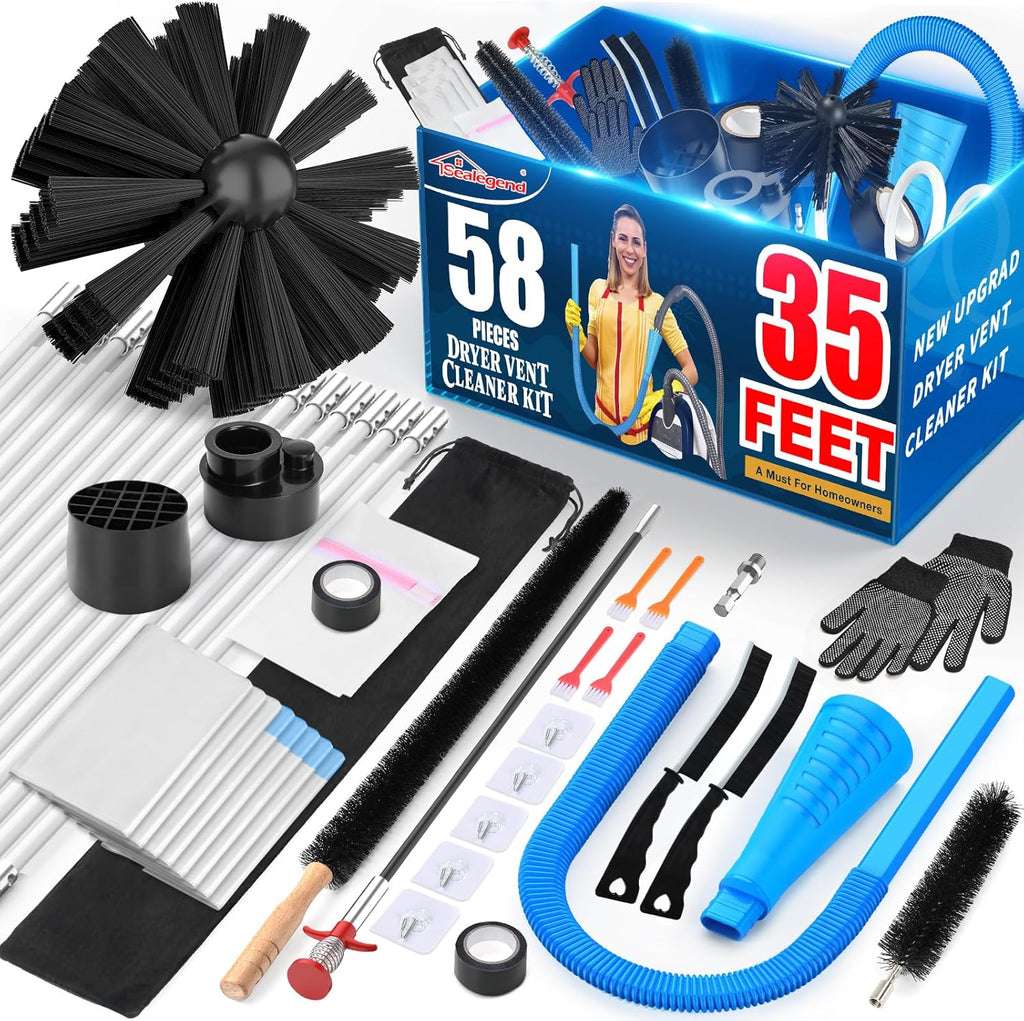 Sealegend Dryer Vent Cleaner Kit - 58 Pieces, 35 Feet with Omnidirectional Lint Vacuum Attachment & Brushes