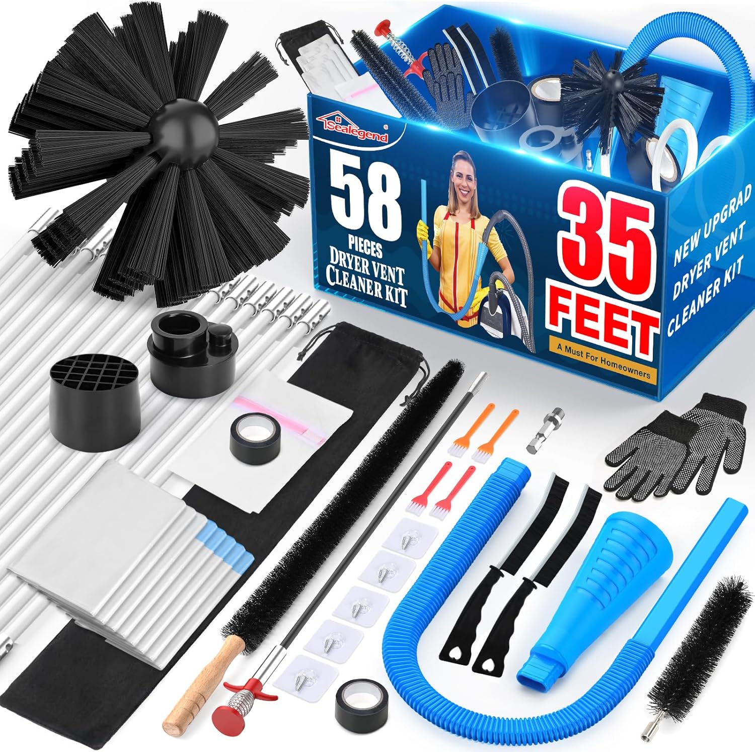 Sealegend Dryer Vent Cleaner Kit - 58 Pieces, 35 Feet with Omnidirectional Lint Vacuum Attachment & Brushes