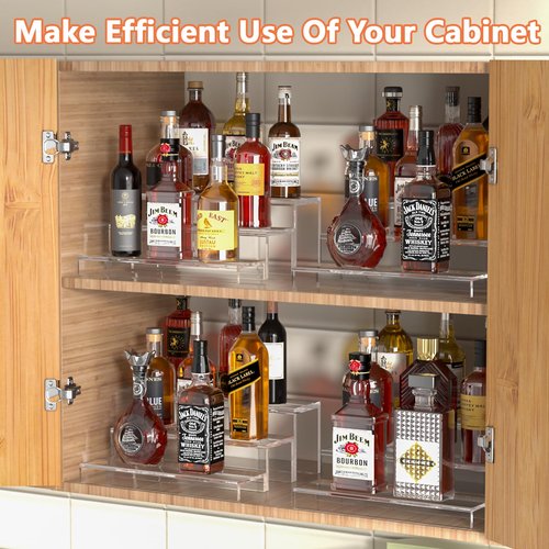JUESHA 2 Pack Tiers Bar Shelves for Liquor Bottles, 15" Clear Acrylic Risers Display Racks Stands for Figures Pops Cupcake Perfume Collections (Clear)