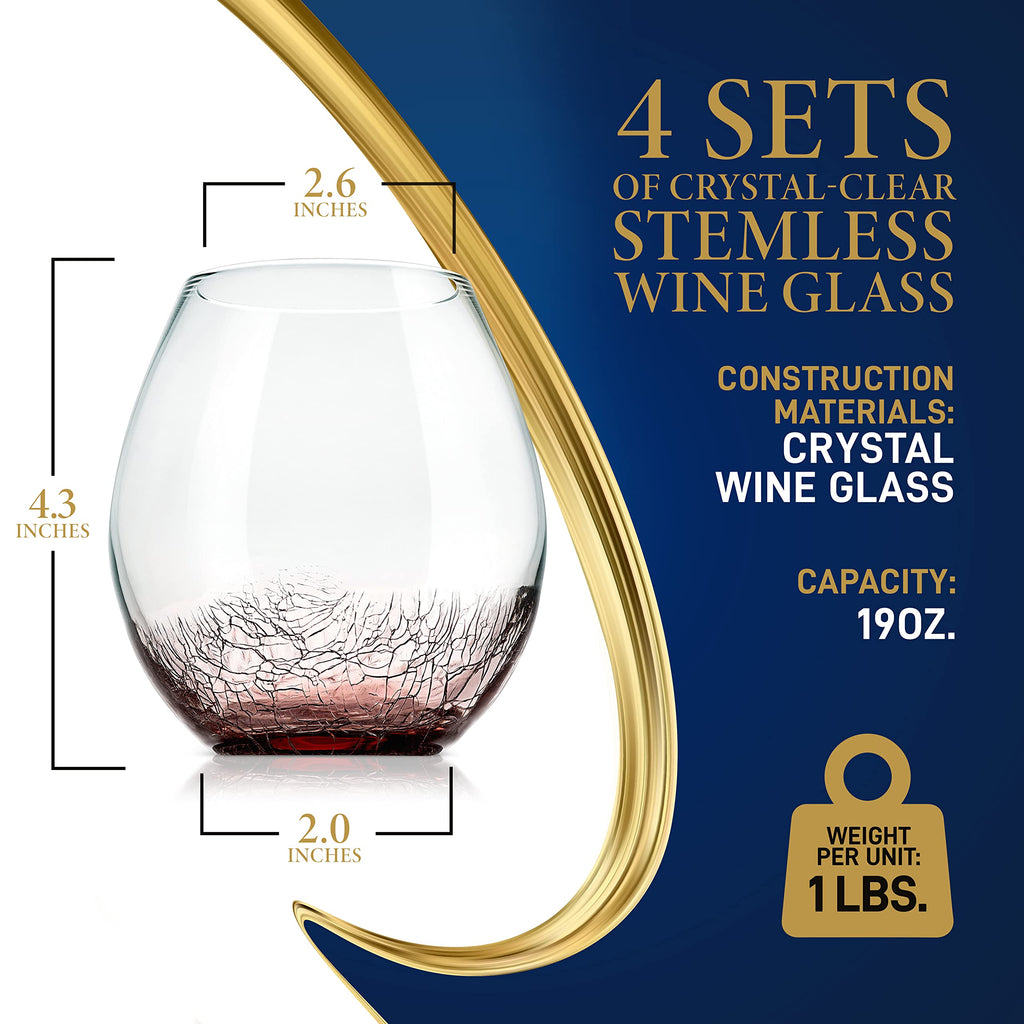 NutriChef 19 Ounce Stemless Wine Glasses For Red or White Wine (Set of 4) For Party And Gifting Clear, Lead-Free, and Ice Crack Design