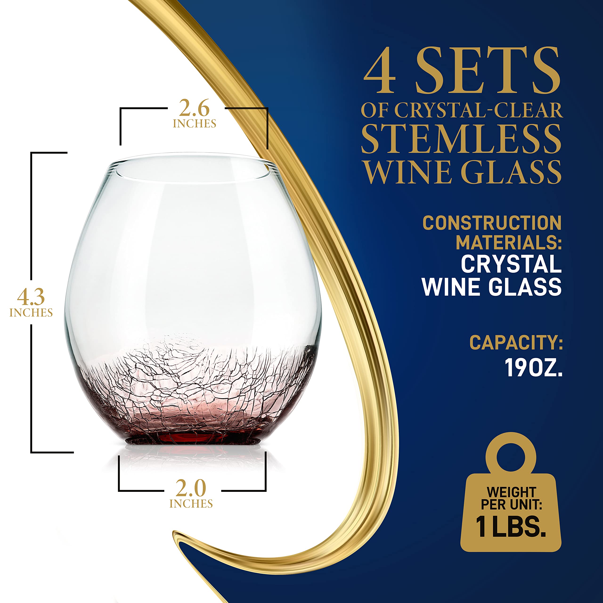 NutriChef 19 Ounce Stemless Wine Glasses For Red or White Wine (Set of 4) For Party And Gifting Clear, Lead-Free, and Ice Crack Design