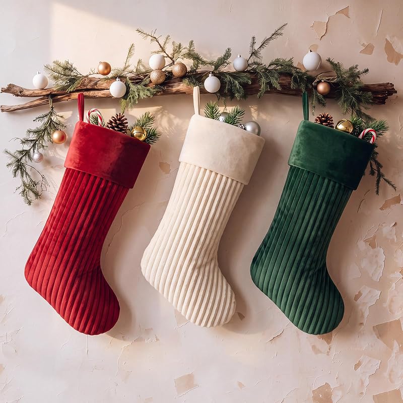 3 Christmas Stockings Set 19 Inch Velvet Quilted Stocking - Red Beige Green