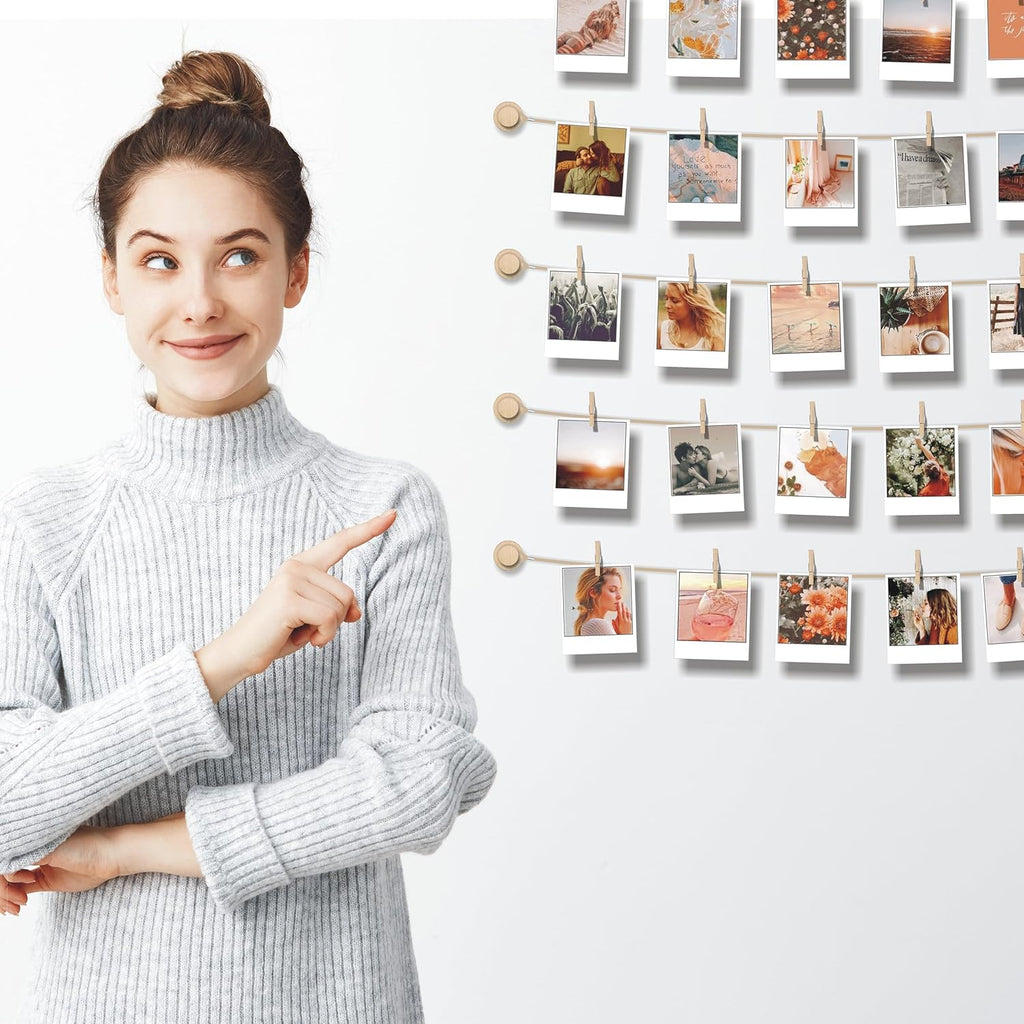 PhotoWall Hanging Photo Display | Sculptural Picture Frames Collage - 5 Strings, 30 Clips, 3M Hooks - 30 x 30 Inch
