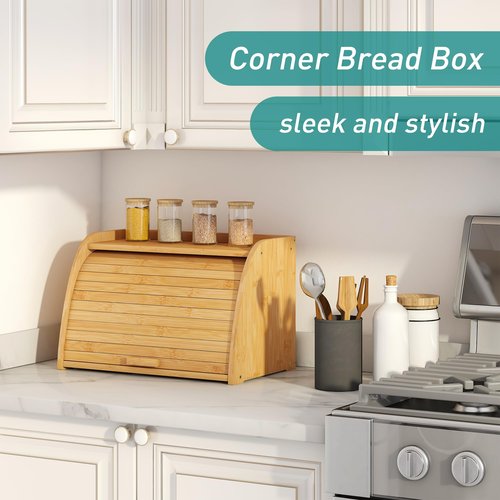Vriccc Bread Box for Kitchen Countertop, Large Bamboo Wood Bread Box, Wooden Corner Bread Storage Capacity