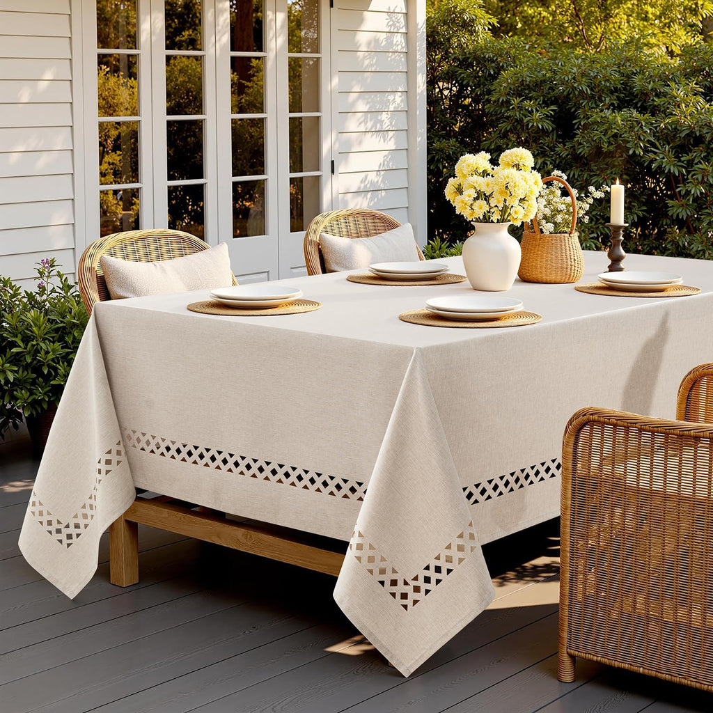 MIULEE Beige Rectangle Polyester Tablecloth with Decorative Cutouts Spring Waterproof Stain Resistant & Shrink-Proof Table Cloth 60x84 inch Farmhouse Style for Dining Wedding and Outdoor