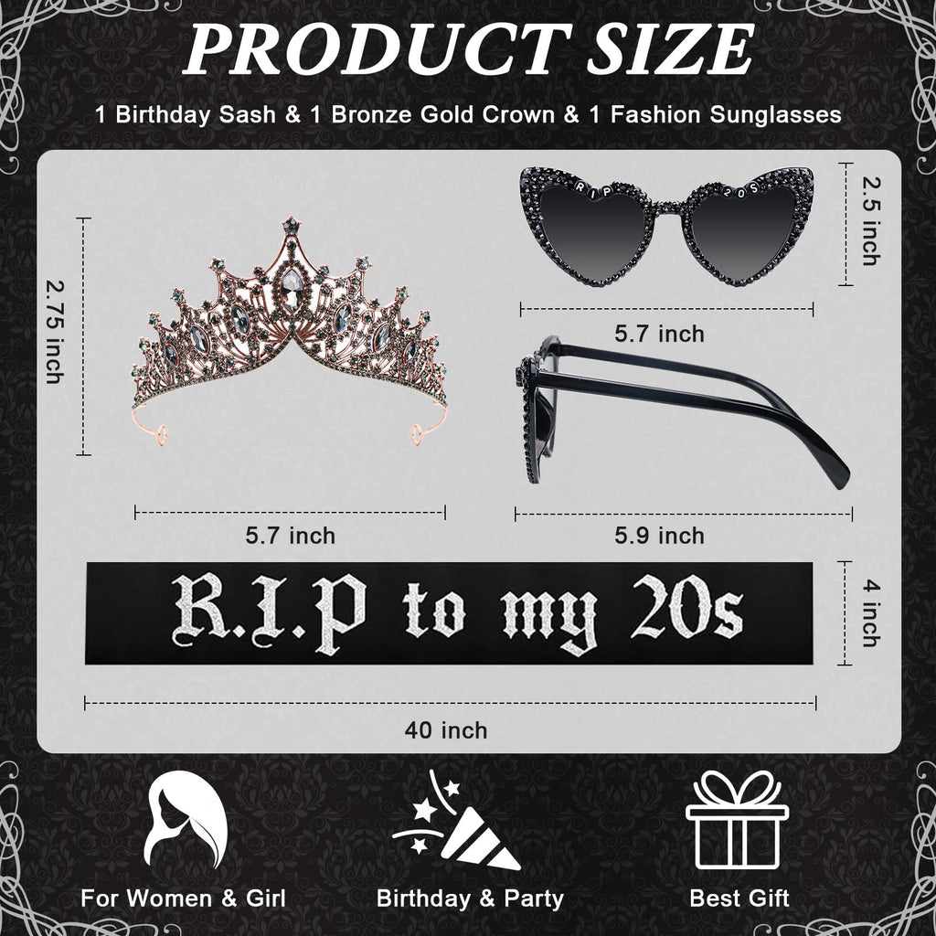 Rip To My 20s Sash And Crown with Sunglasses Set Black Birthday Sash Bronze Gold Crown Birthday Party Accessories for Women 30th Birthdays Glitter Party Favors (Sash&Crown&Sunglasses)