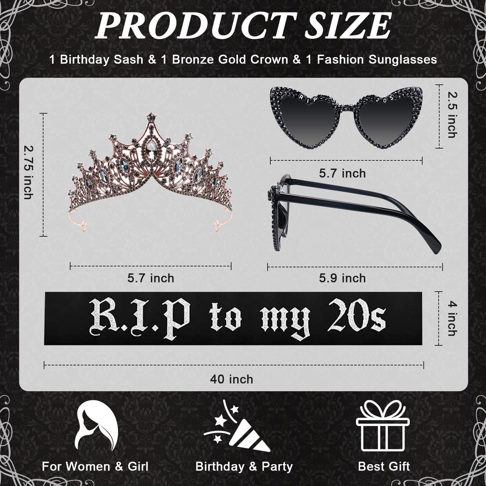 Rip To My 20s Sash And Crown with Sunglasses Set Black Birthday Sash Bronze Gold Crown Birthday Party Accessories for Women 30th Birthdays Glitter Party Favors (Sash&Crown&Sunglasses)