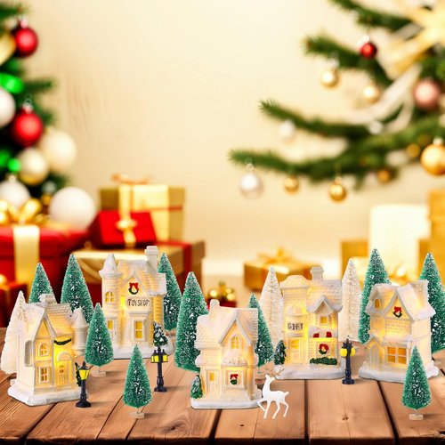 Kasyat Winter Village Set - 50 Pcs LED Lighted White Houses & Mini Trees for Christmas Decor