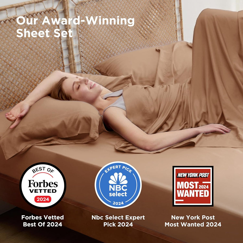 Bedsure Cooling California King Sheet Set - Breathable Rayon from Bamboo, Deep Pocket, Soft & Silky, Khaki