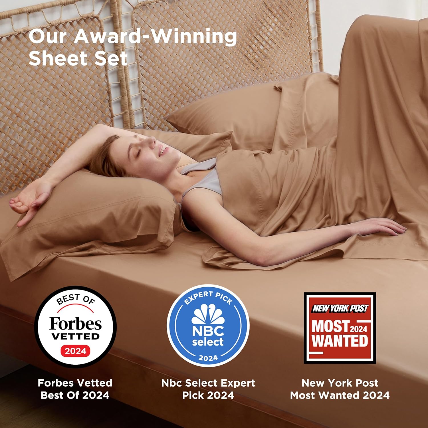 Bedsure Cooling California King Sheet Set - Breathable Rayon from Bamboo, Deep Pocket, Soft & Silky, Khaki