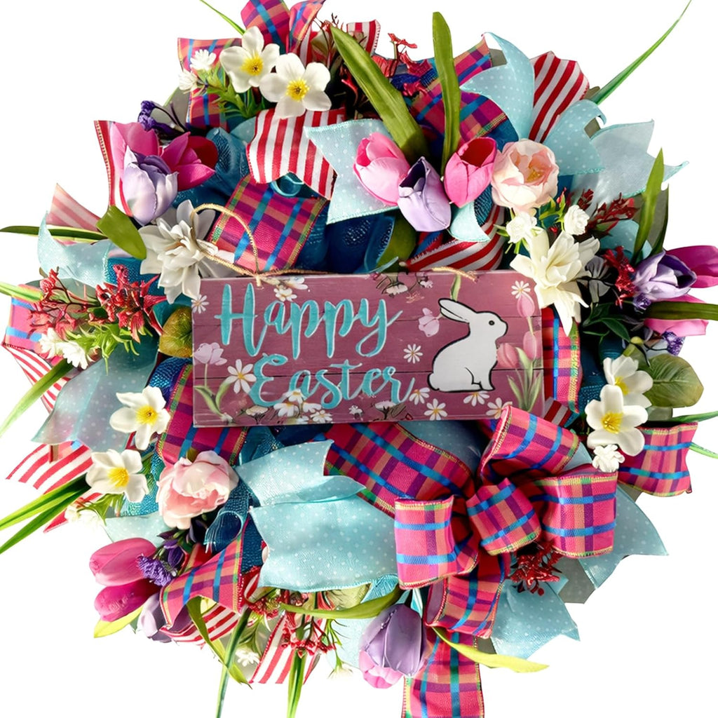 Regine Switzerland 22-Inch Easter Bunny Wreath - Spring Decor with Pink Tulips & Flowers
