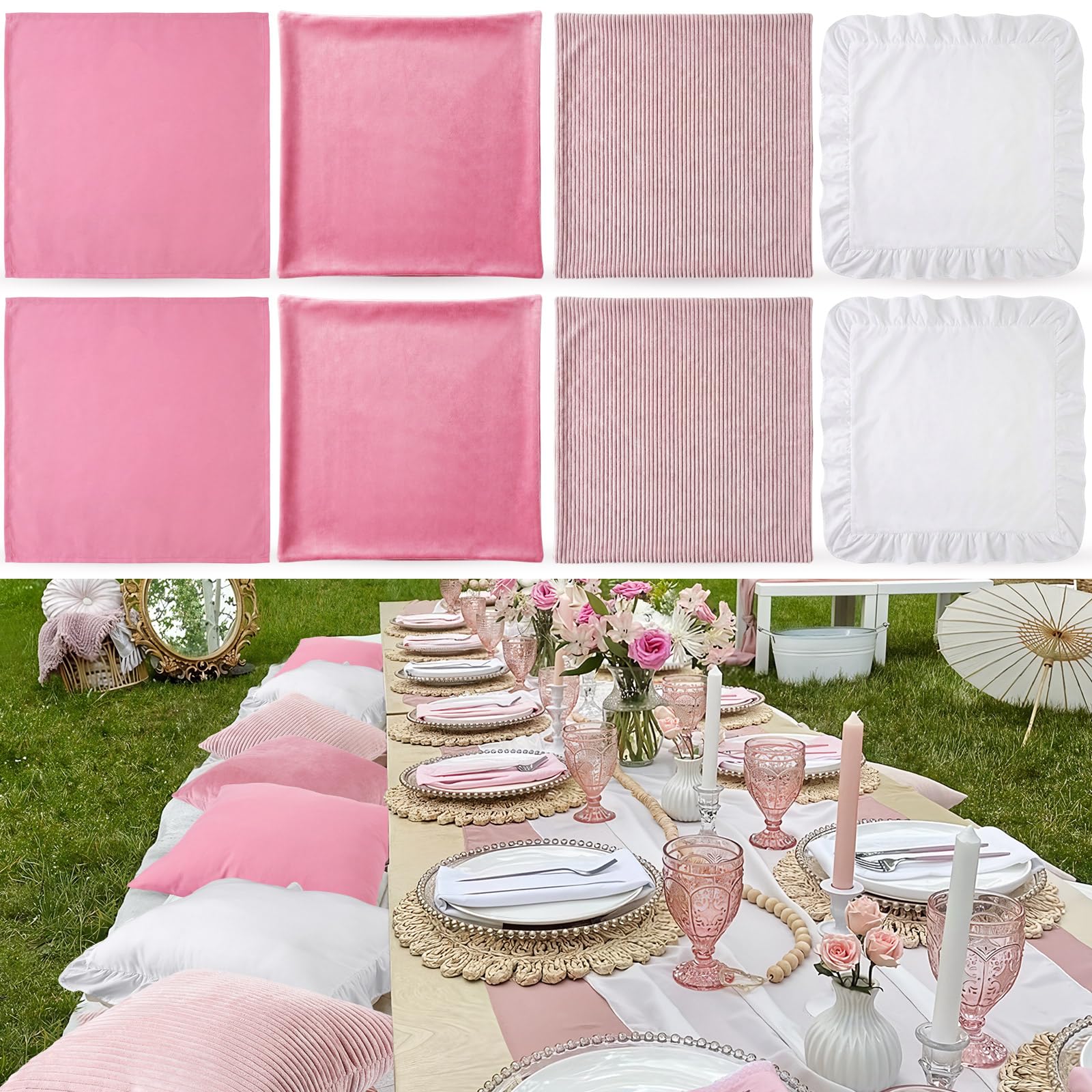 Yuntau Pink 8 Pcs Picnic Pillow Covers Only 18x18 Inch Boho Aesthetic Throw Cushion Cases Luxury Picnic for Summer Birthday Bachelorette Tea Party Brunch Beach Backyard Bed Sofa Decor